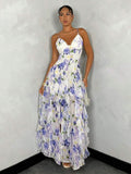 FLEURA - Floral Print Backless Ruffle Maxi Dress Multicolor