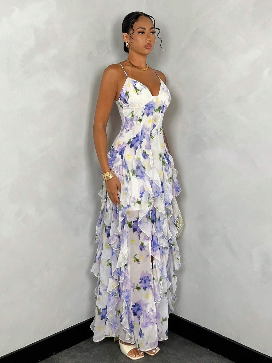 FLEURA - Floral Print Backless Ruffle Maxi Dress