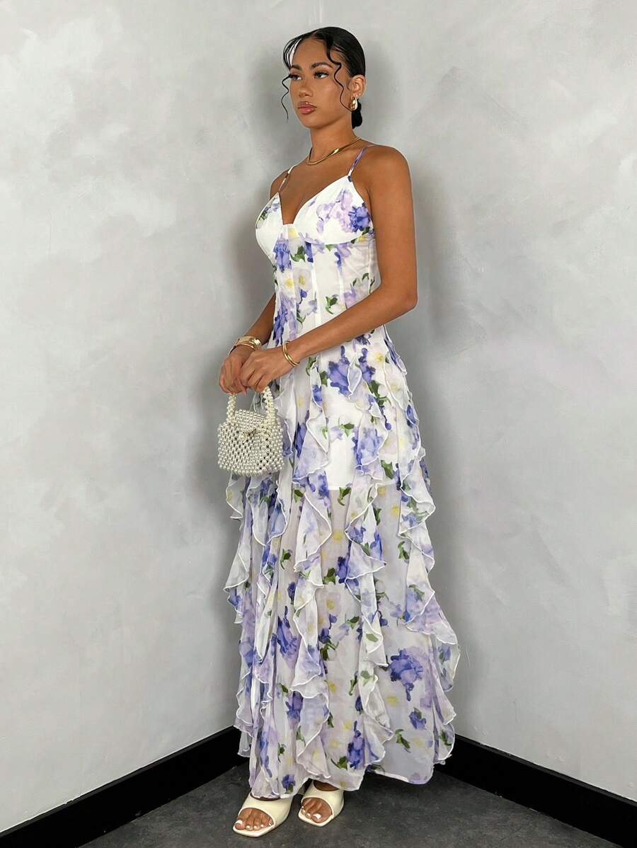 FLEURA - Floral Print Backless Ruffle Maxi Dress