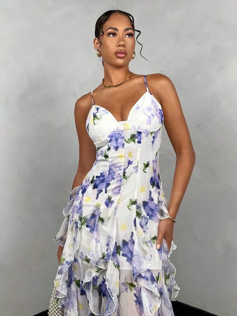 FLEURA - Floral Print Backless Ruffle Maxi Dress