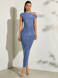 DRAPÉ - Asymmetrical Maxi Bodycon Dress Dusty Blue