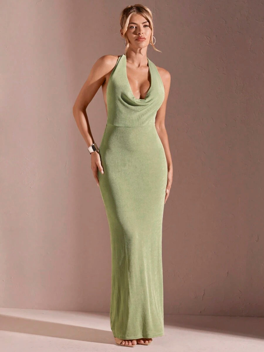 CÉRULEA– Halter Neck Bodycon Maxi Dress