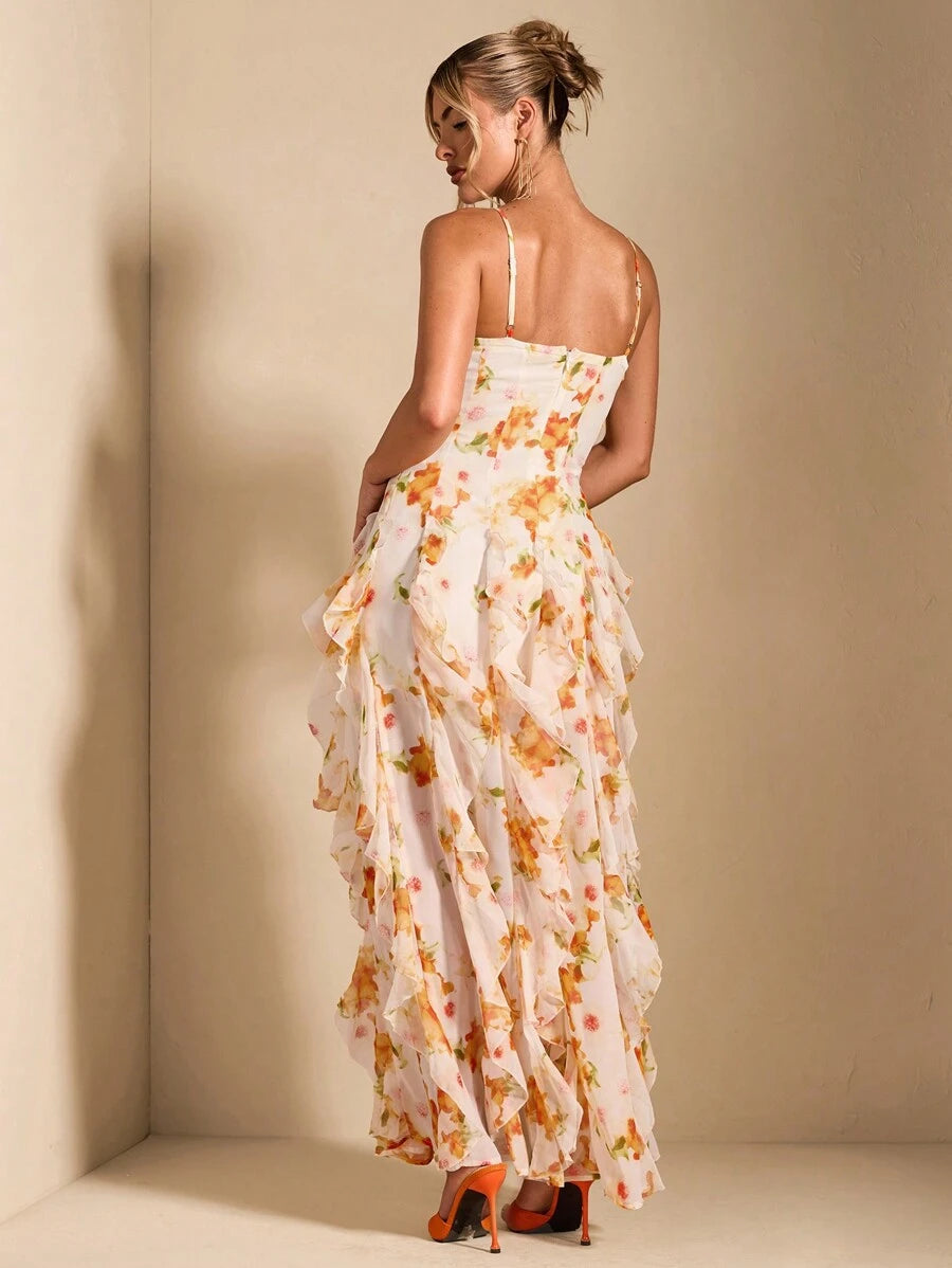 FLEURA - Floral Print Backless Ruffle Maxi Dress