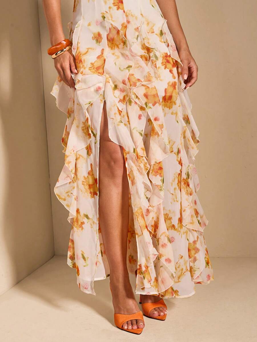 FLEURA - Floral Print Backless Ruffle Maxi Dress