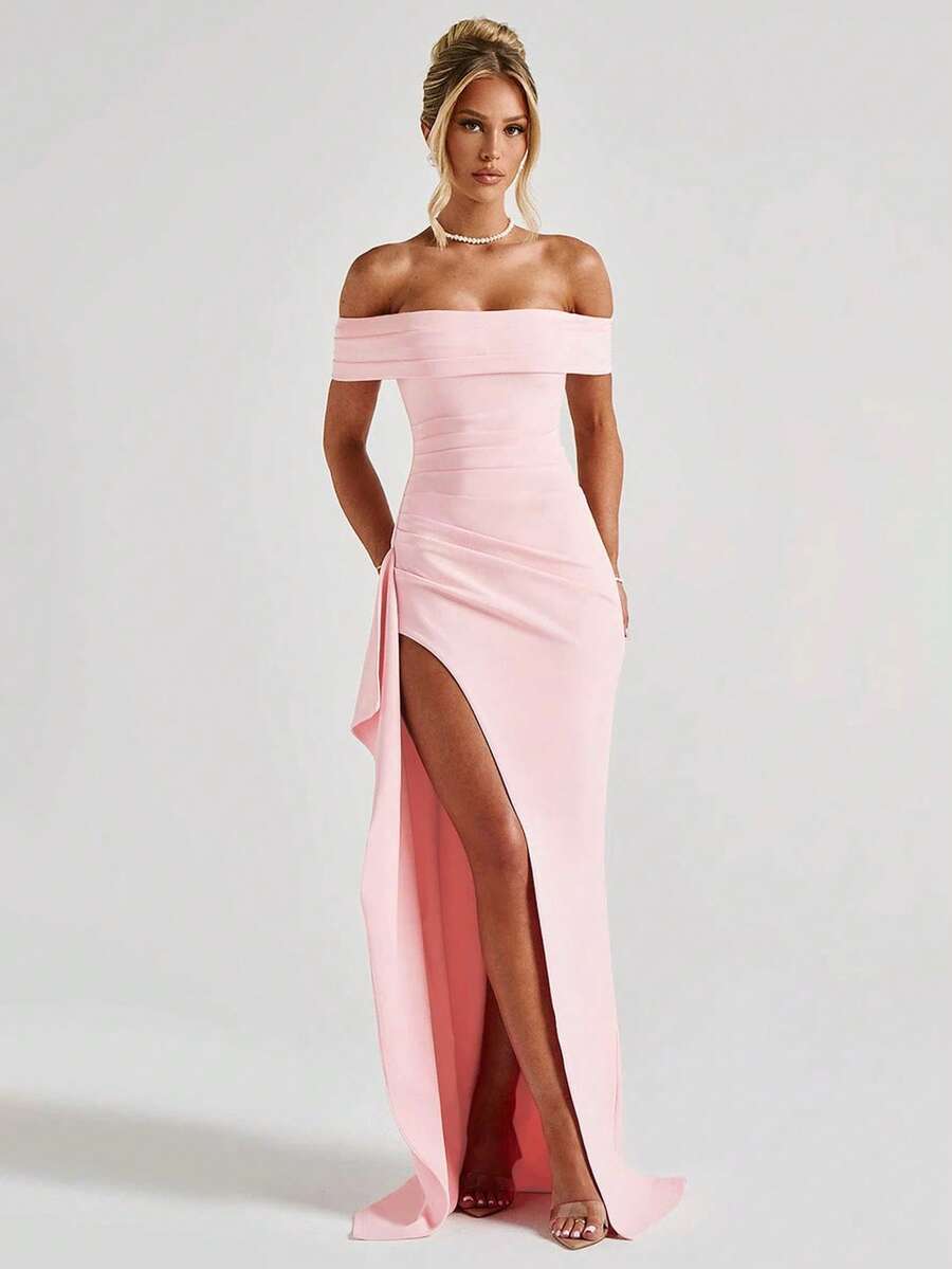 ROSALÉA – Off-Shoulder Bodycon A-Line Maxi Dress with Slit Baby Pink