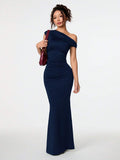 SVELTA - Petite One Shoulder Mermaid Maxi Dress Navy Blue