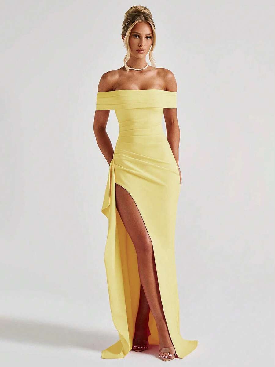 ROSALÉA – Off-Shoulder Bodycon A-Line Maxi Dress with Slit Yellow