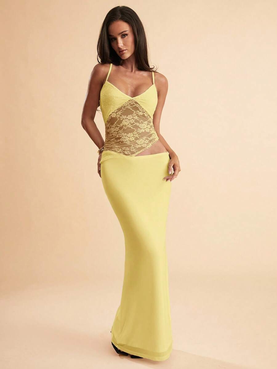NARILA - Lace Panel Bodycon Maxi Dress Yellow