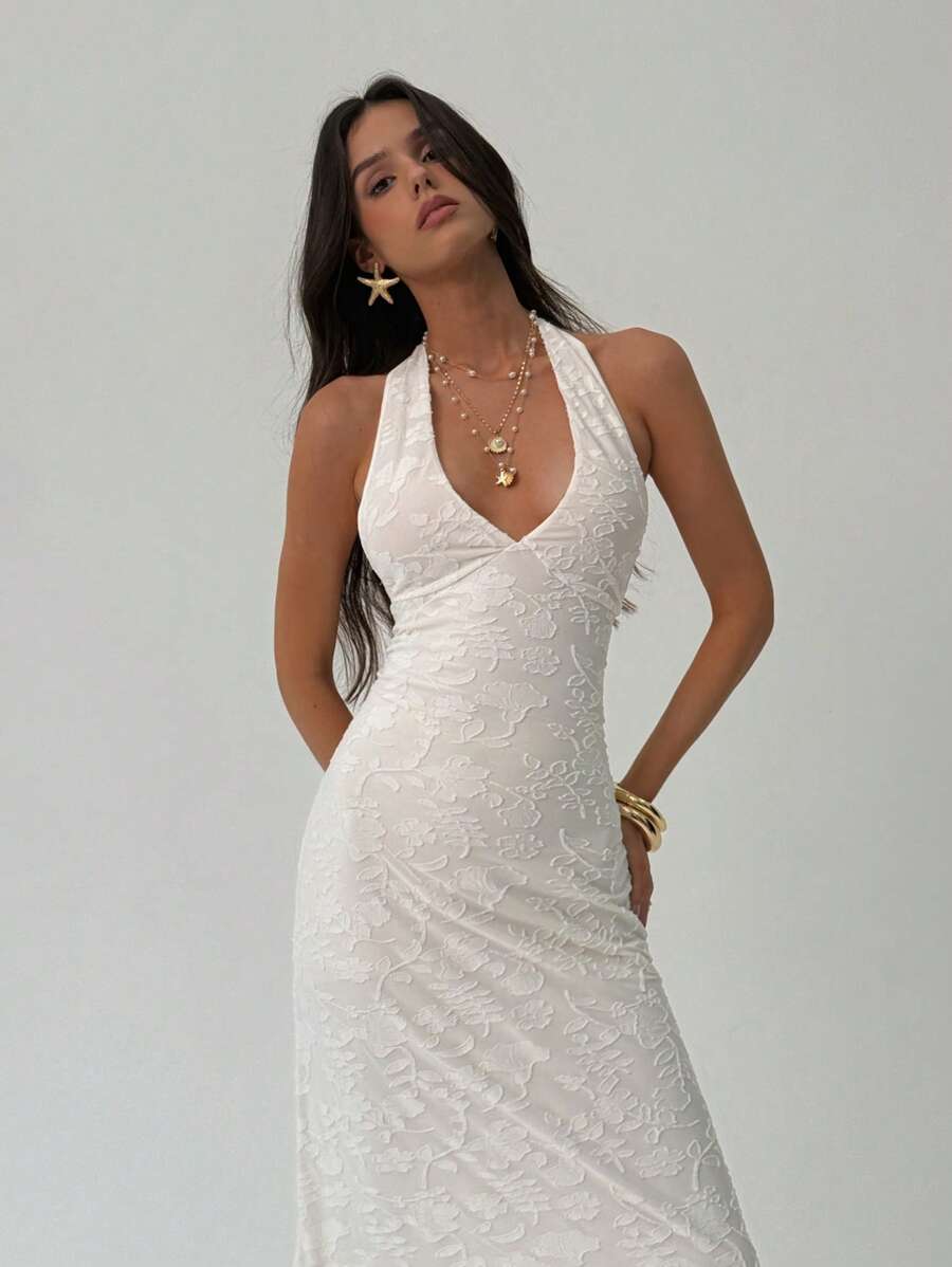 ROUGELLE - Halter Neck Backless Mermaid Maxi Dress White