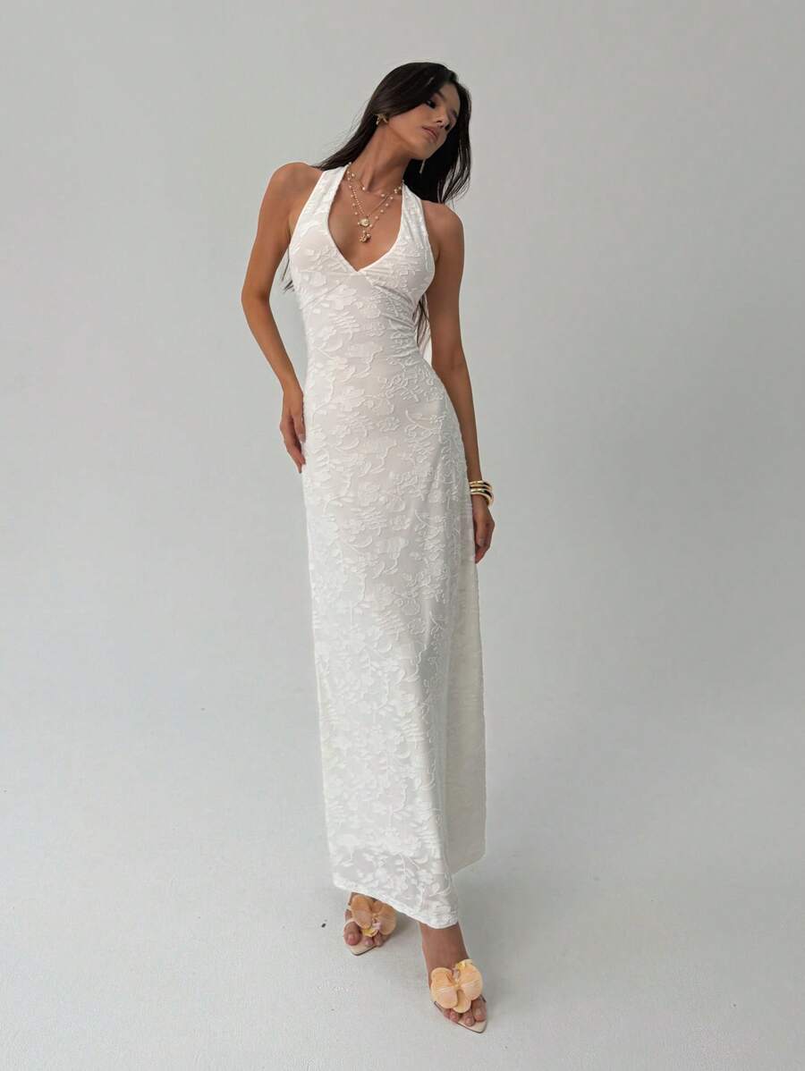 ROUGELLE - Halter Neck Backless Mermaid Maxi Dress