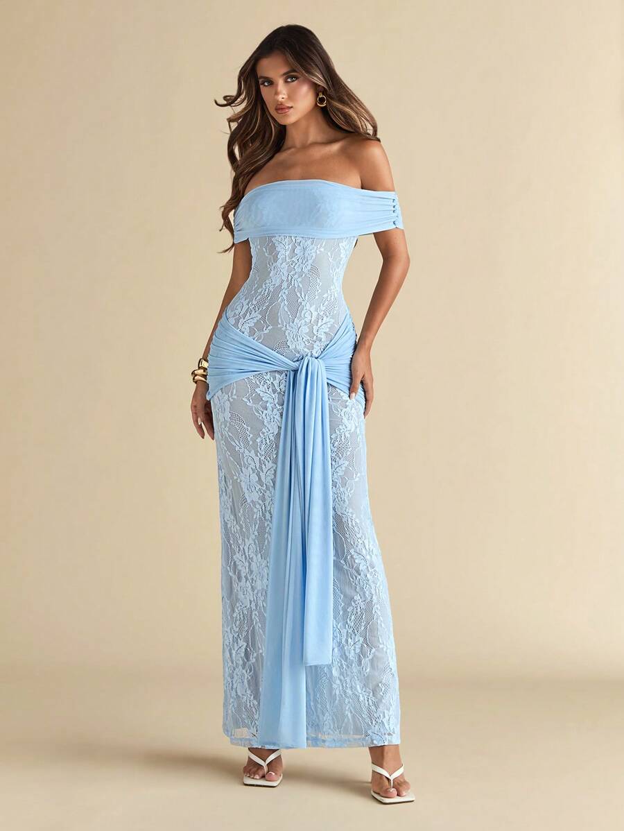 AZURÉ LACE – Off-Shoulder Elegance Maxi Dress