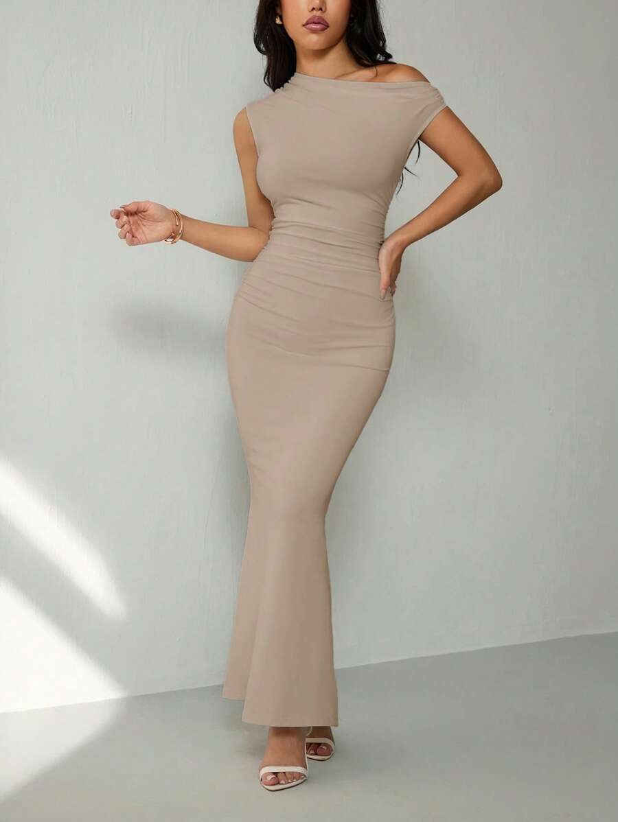 SVELTA - Petite One Shoulder Mermaid Maxi Dress Light Grey
