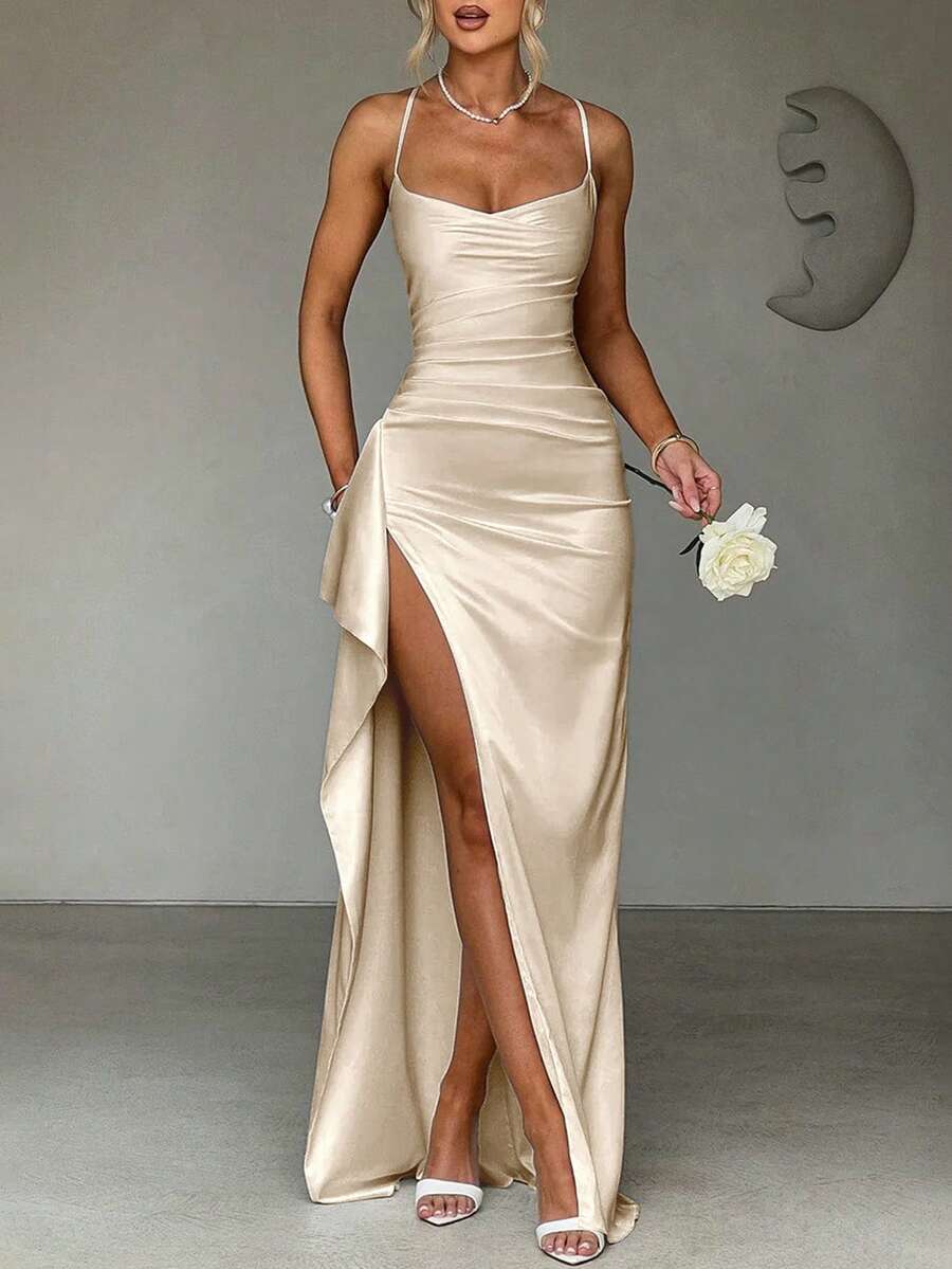 SATINÉ - Spaghetti Strap Satin Maxi Dress Champagne