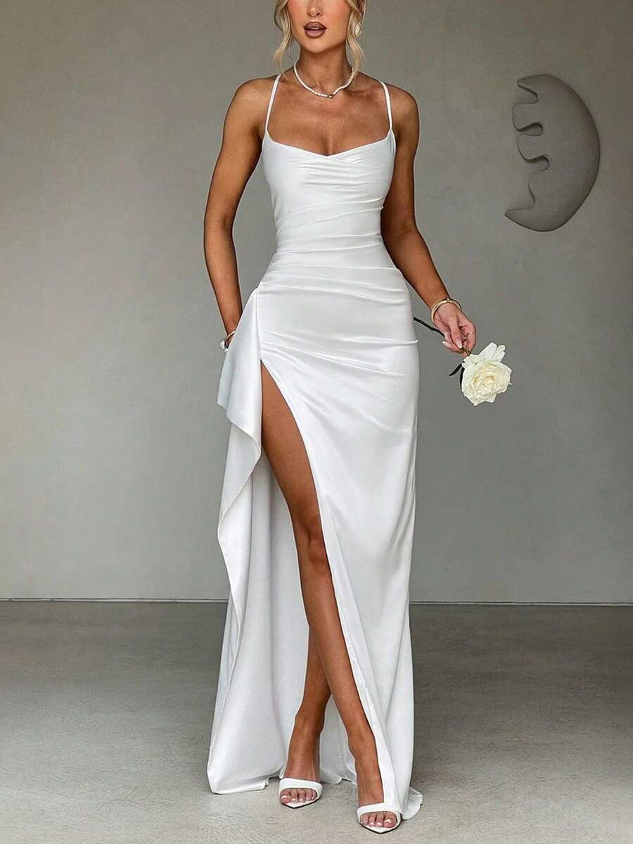 SATINÉ - Spaghetti Strap Satin Maxi Dress White