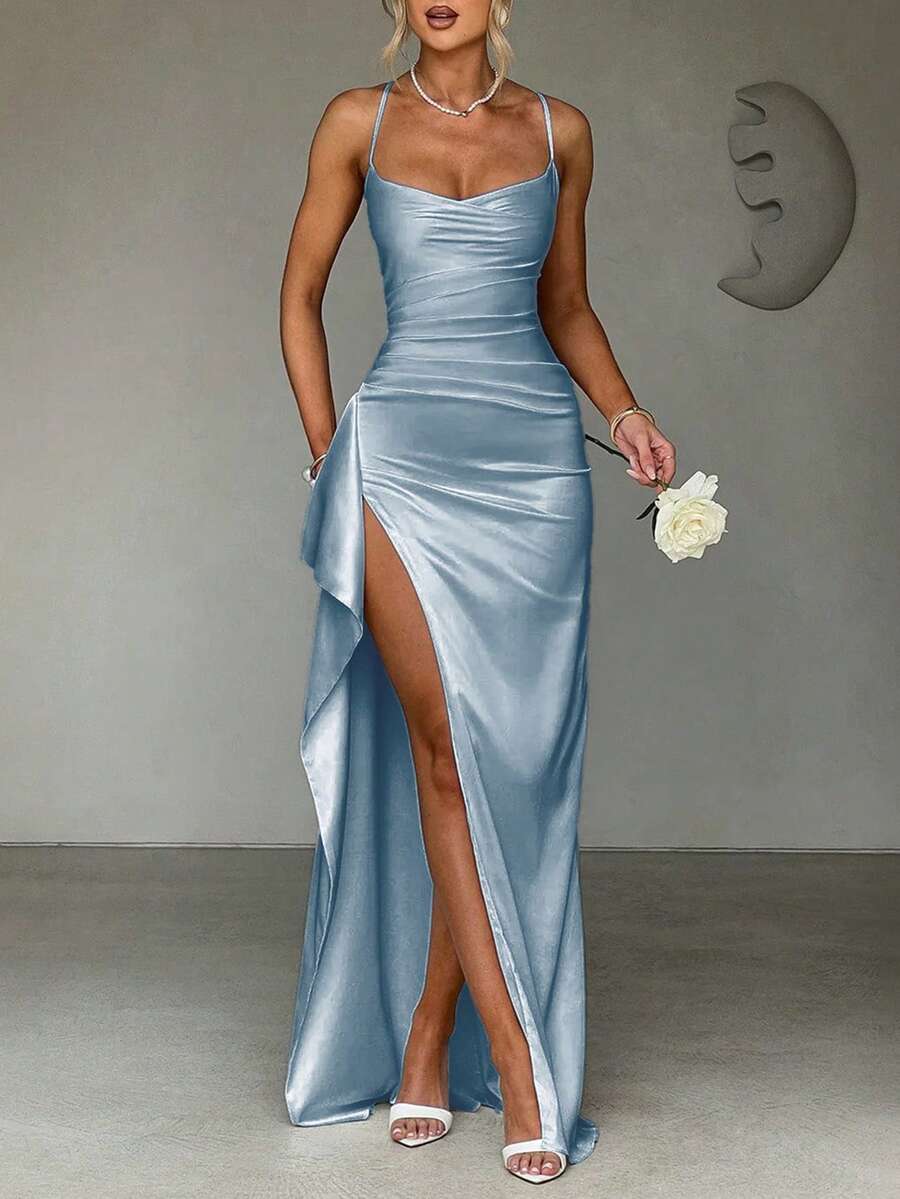SATINÉ - Spaghetti Strap Satin Maxi Dress Dusty Blue