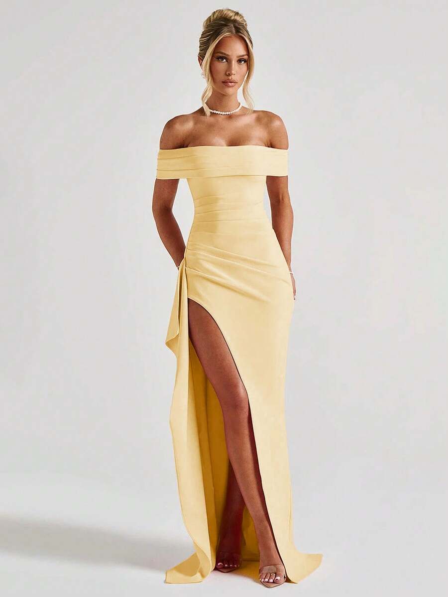 ROSALÉA – Off-Shoulder Bodycon A-Line Maxi Dress with Slit Light Yellow