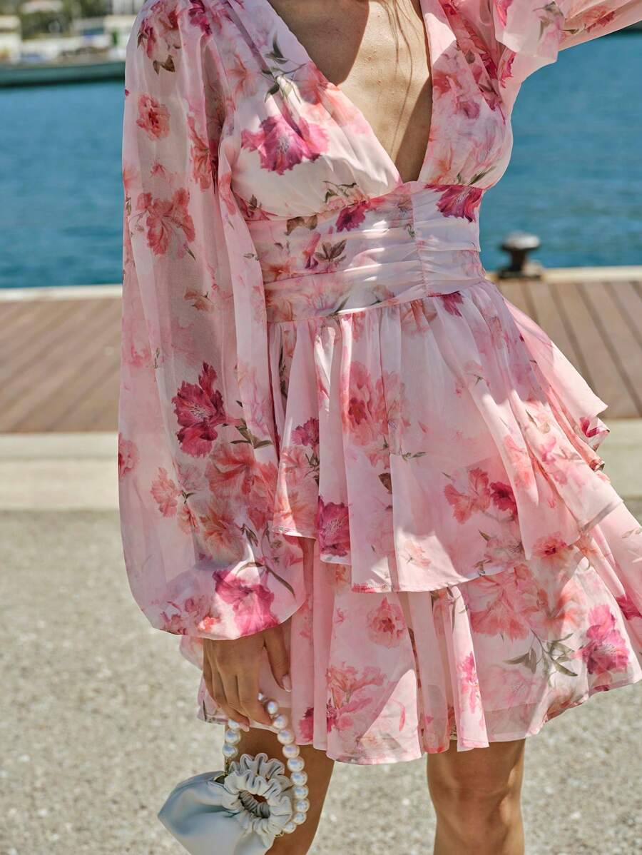 ENCHA – Romantic Pink Floral Mini Dress