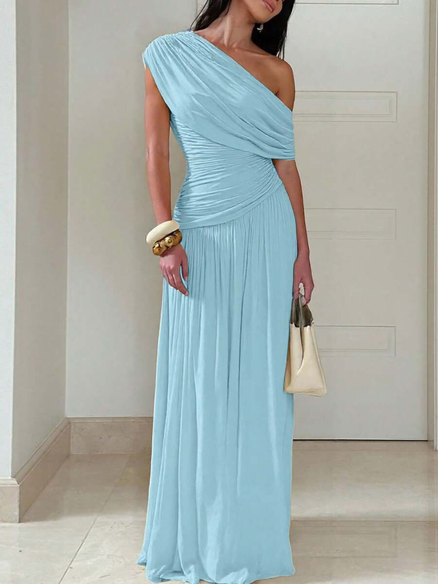 ZÉPHYR — One-Shoulder Ruched Maxi Dress Blue