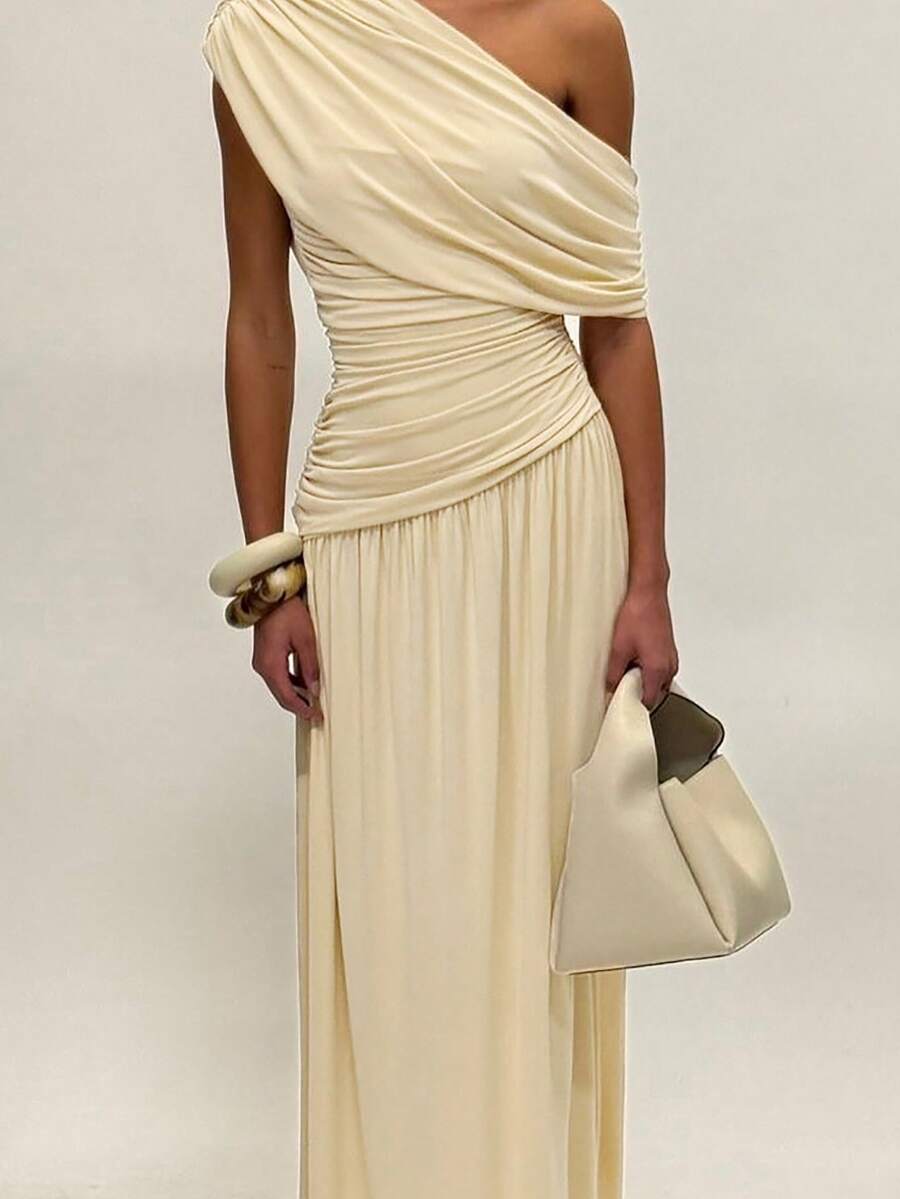 ZÉPHYR — One-Shoulder Ruched Maxi Dress Apricot