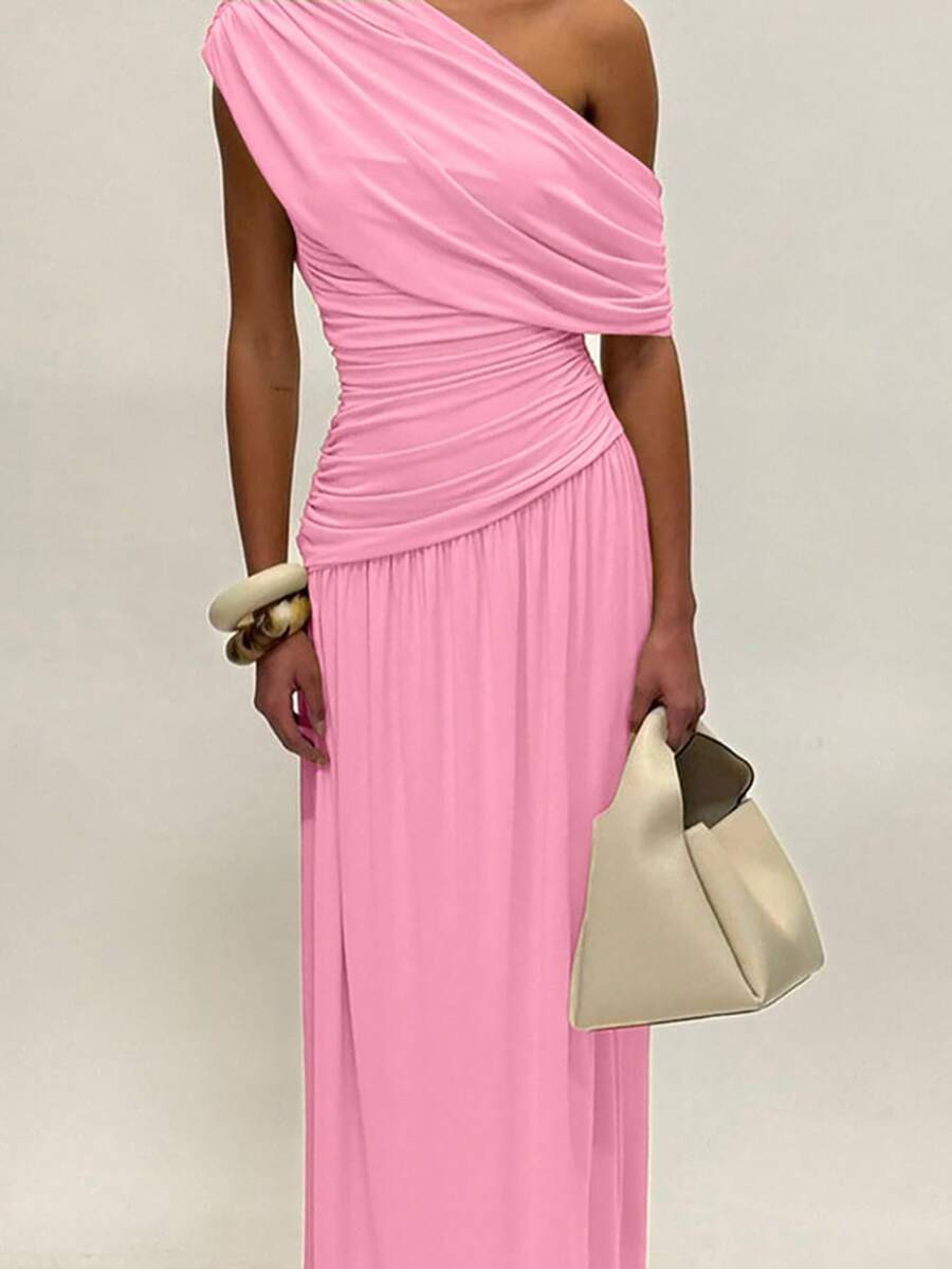 ZÉPHYR — One-Shoulder Ruched Maxi Dress Pink