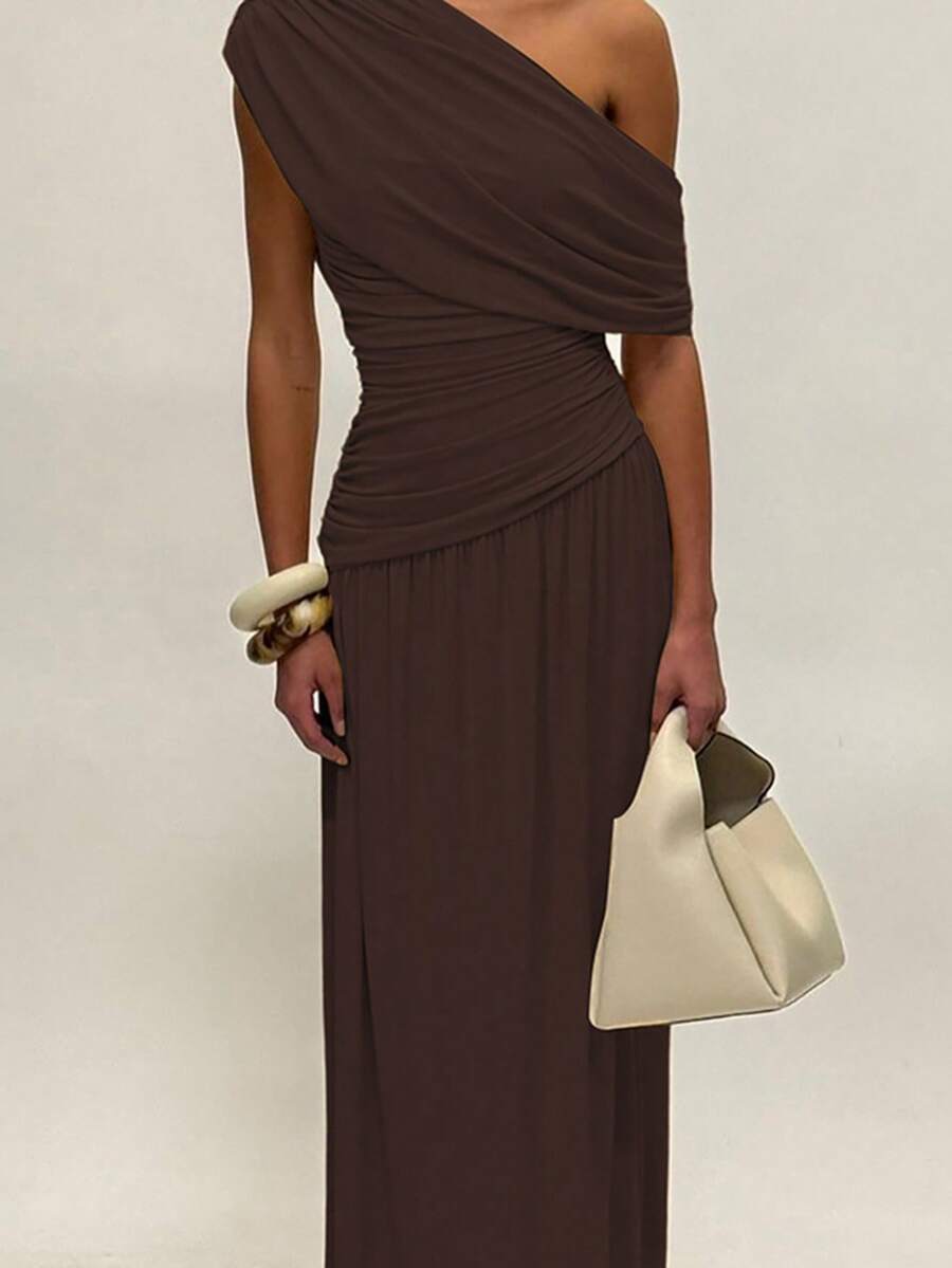 ZÉPHYR — One-Shoulder Ruched Maxi Dress Brown