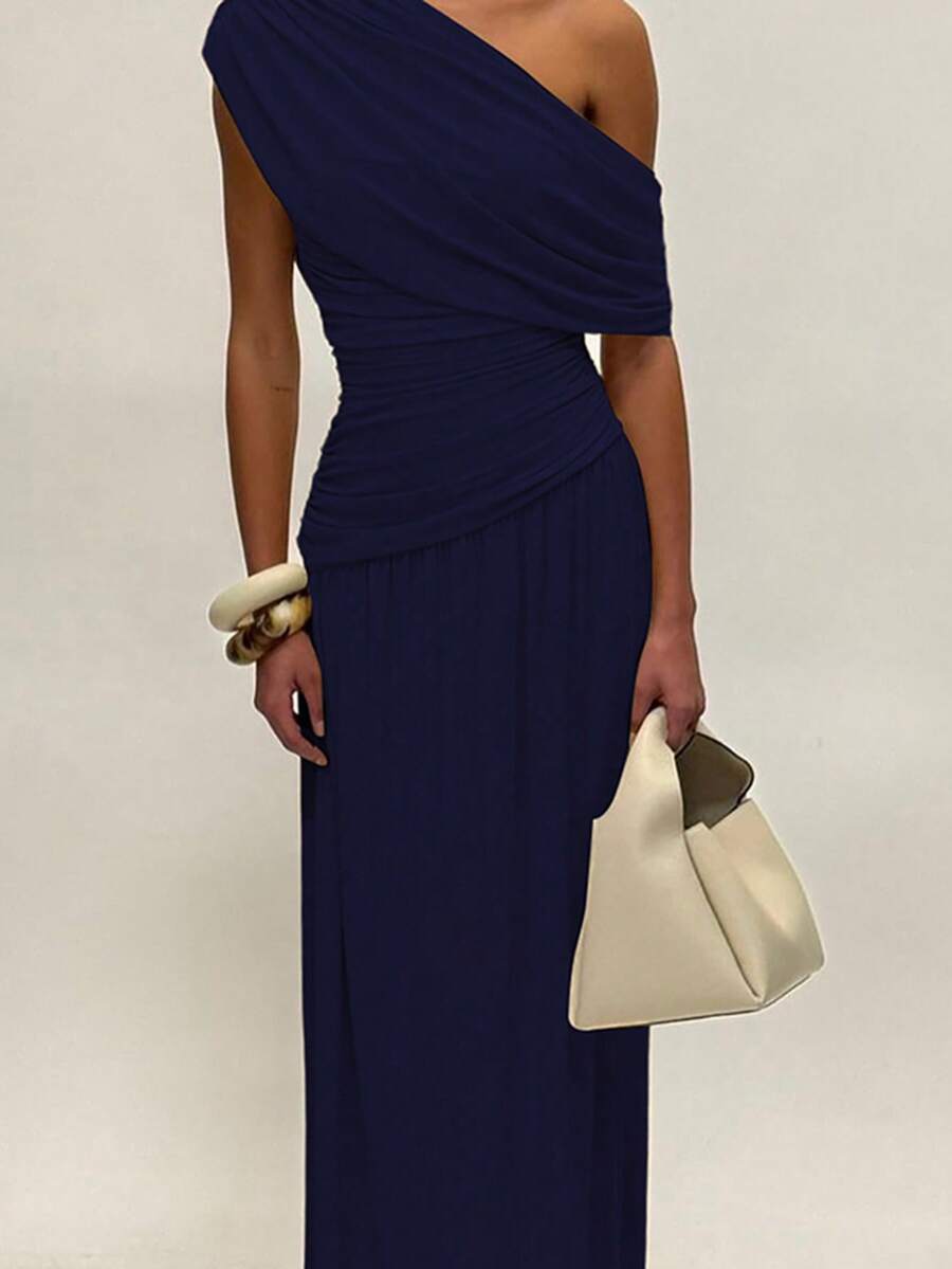 ZÉPHYR — One-Shoulder Ruched Maxi Dress Navy Blue