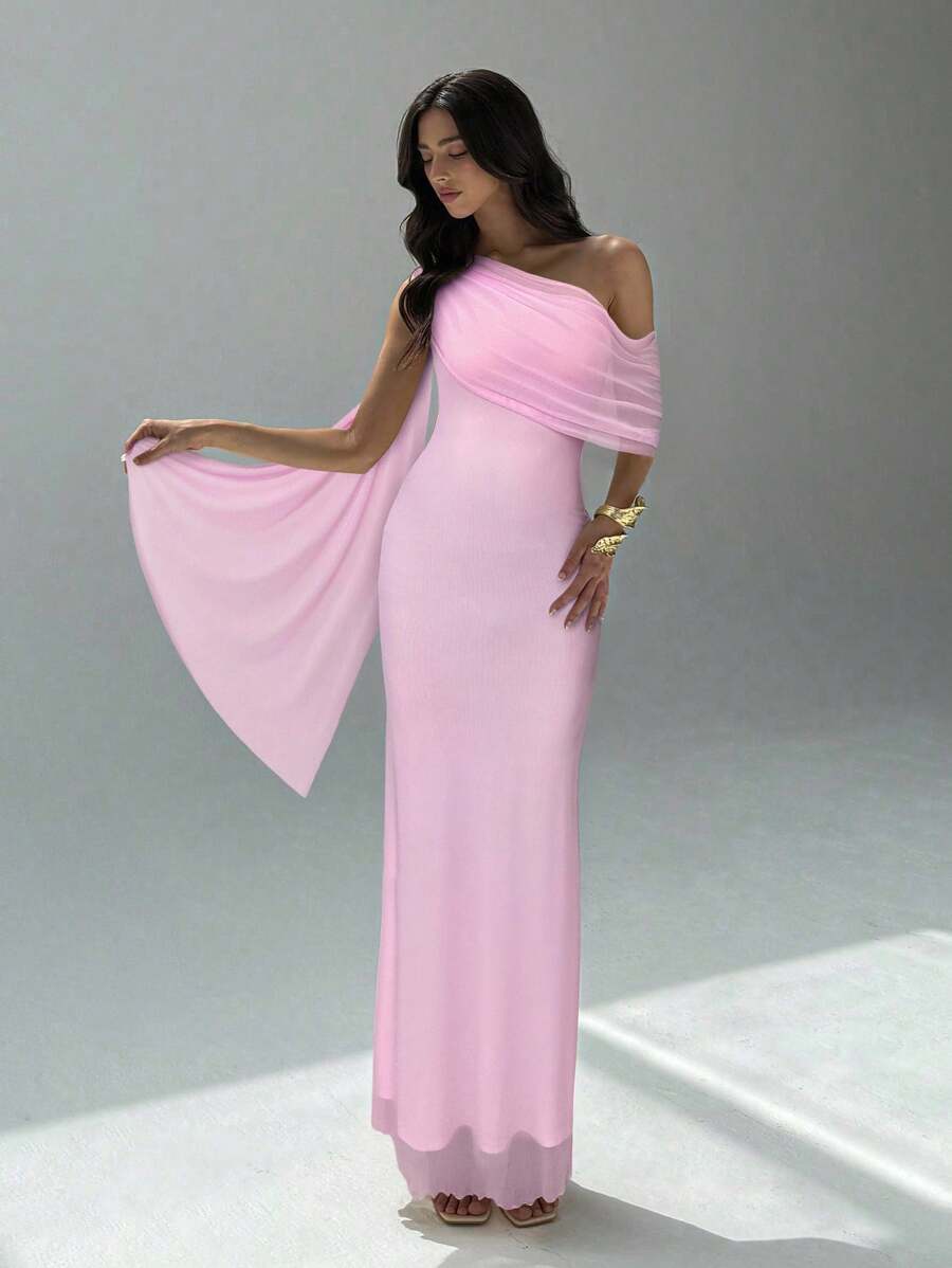 NOIREL - Asymmetric One Shoulder Bodycon Maxi Dress Baby Pink