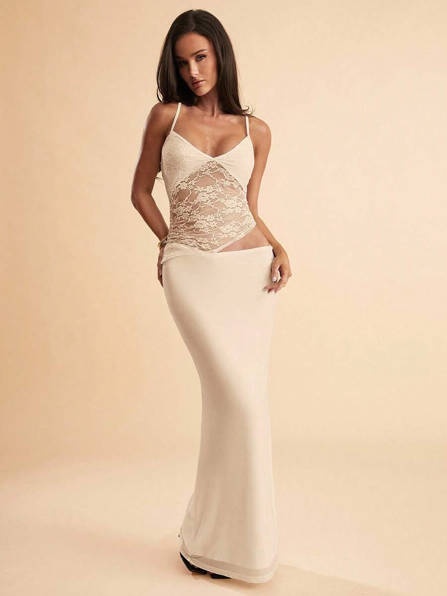 NARILA - Lace Panel Bodycon Maxi Dress Apricot