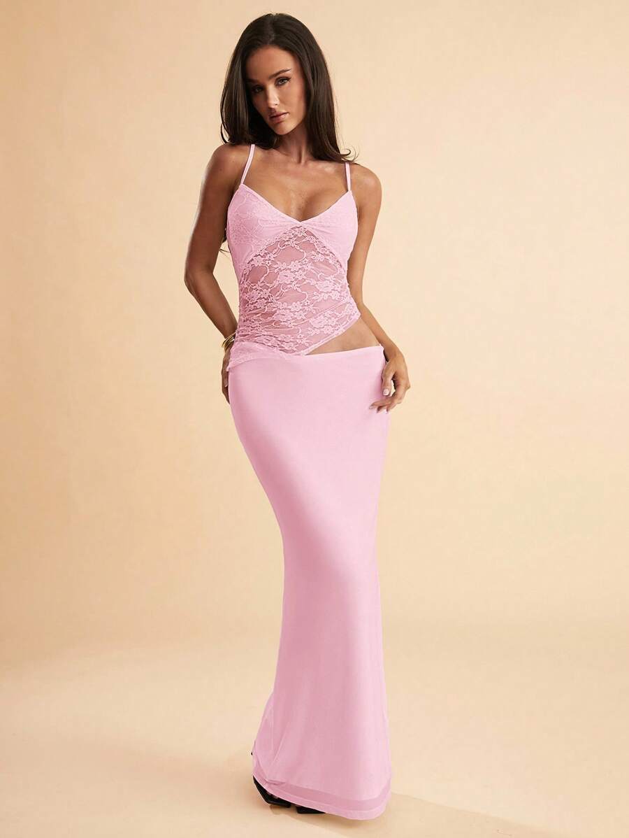 NARILA - Lace Panel Bodycon Maxi Dress Baby Pink