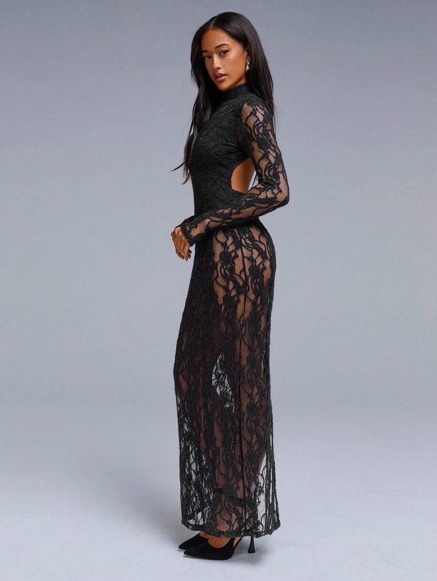 VELIRA - Lace Backless Bodycon Maxi Dress Black