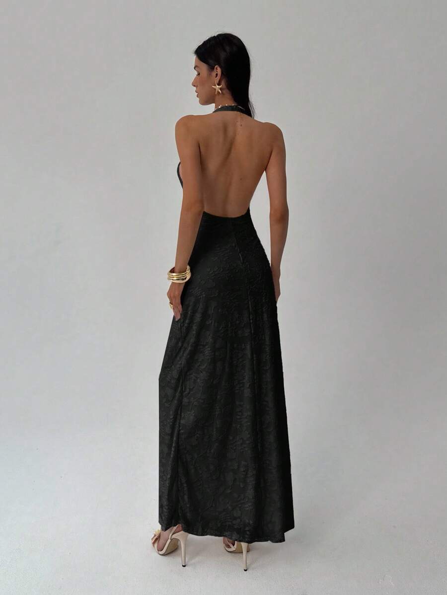 ROUGELLE - Halter Neck Backless Mermaid Maxi Dress