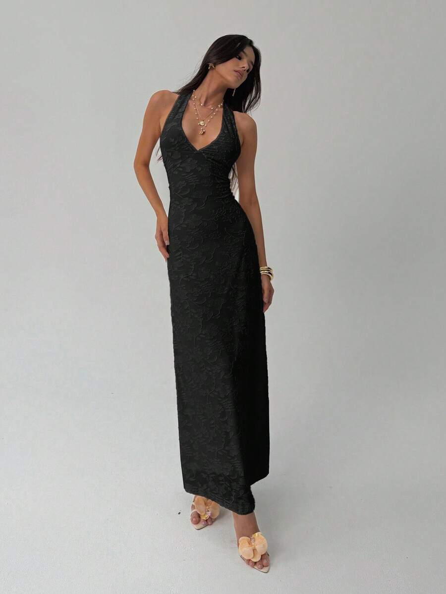ROUGELLE - Halter Neck Backless Mermaid Maxi Dress