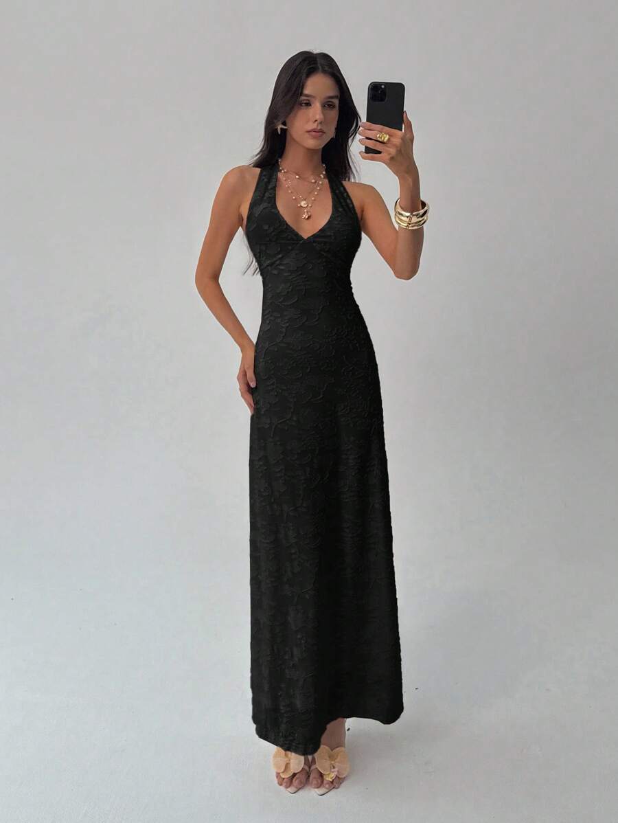 ROUGELLE - Halter Neck Backless Mermaid Maxi Dress