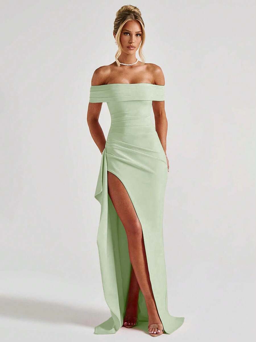 ROSALÉA – Off-Shoulder Bodycon A-Line Maxi Dress with Slit Mint Green