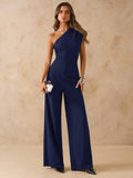 NORI - Asymmetrical One Shoulder Wide Leg Jumpsuit maxi dress Navy Blue