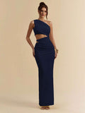 SVELTO - Asymmetric Bodycon Maxi Dress with High Slit Navy Blue