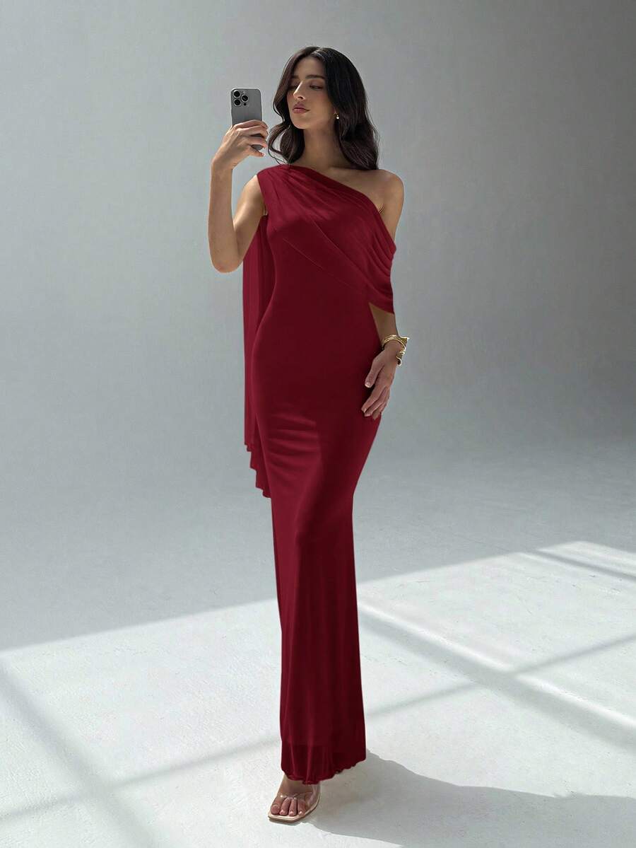 NOIREL - Asymmetric One Shoulder Bodycon Maxi Dress