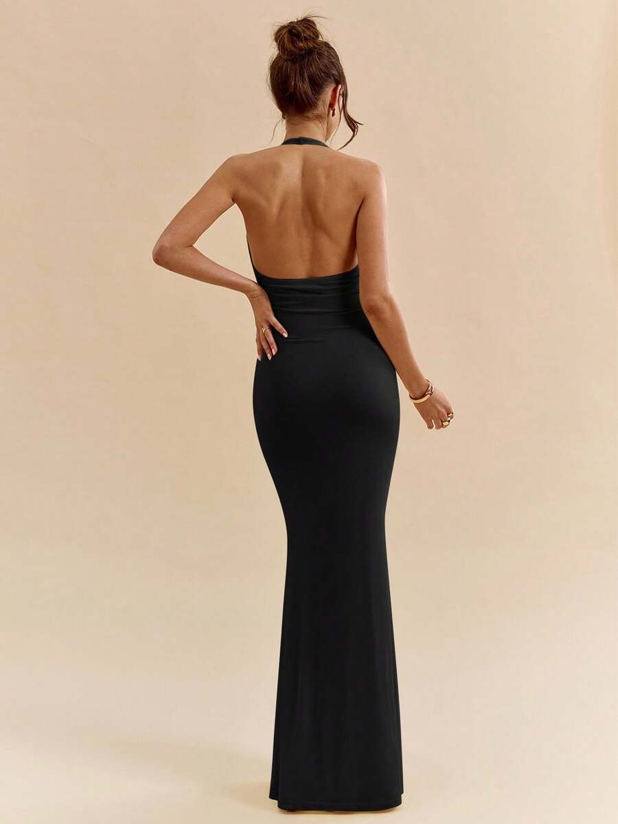 LUMÉA - Deep V Neck Halter Bodycon Maxi Dress