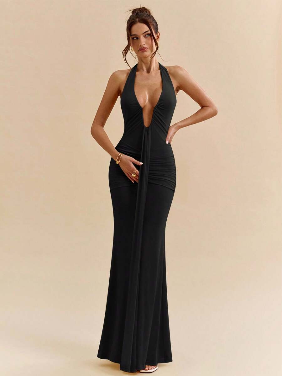 LUMÉA - Deep V Neck Halter Bodycon Maxi Dress