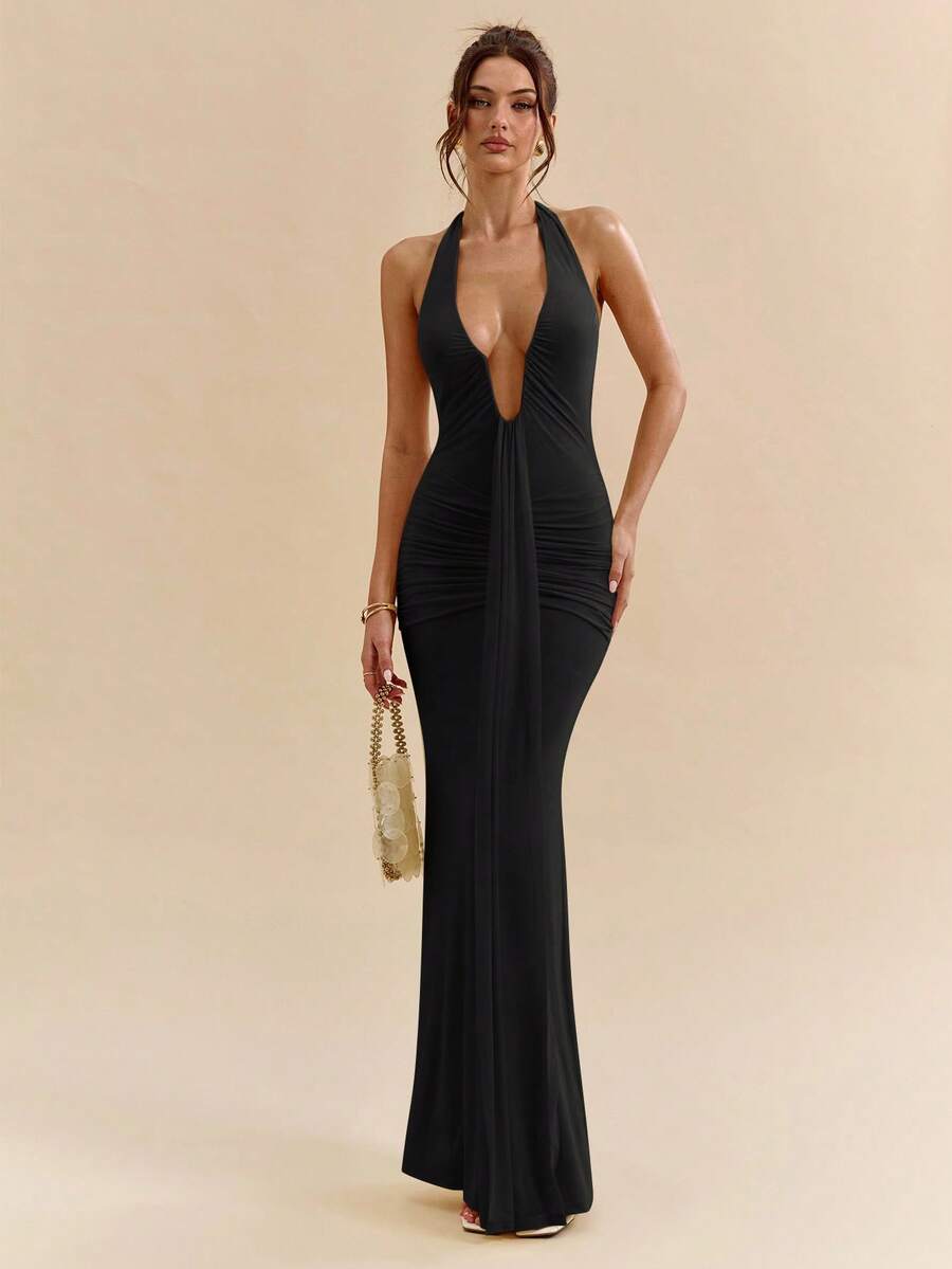 LUMÉA - Deep V Neck Halter Bodycon Maxi Dress