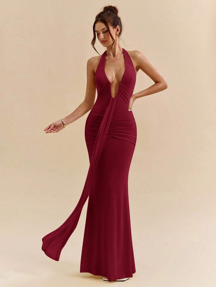 LUMÉA - Deep V Neck Halter Bodycon Maxi Dress Burgundy