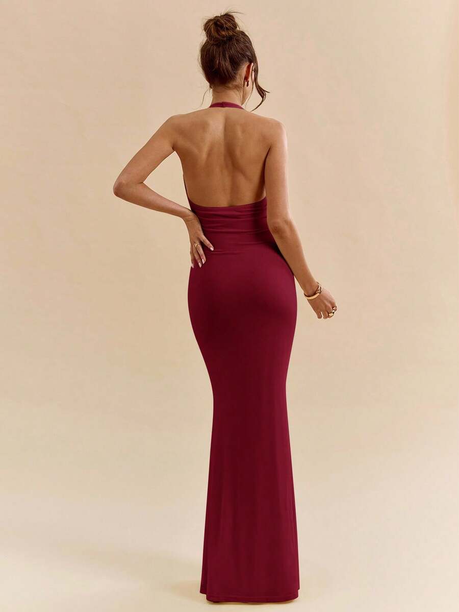 LUMÉA - Deep V Neck Halter Bodycon Maxi Dress