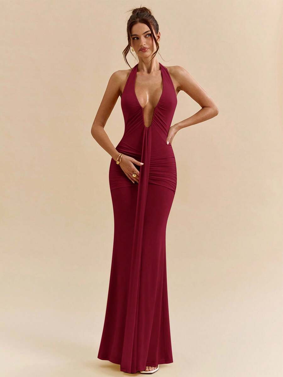 LUMÉA - Deep V Neck Halter Bodycon Maxi Dress