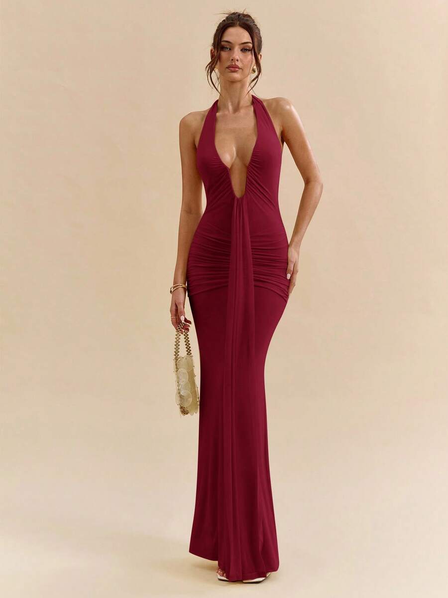 LUMÉA - Deep V Neck Halter Bodycon Maxi Dress