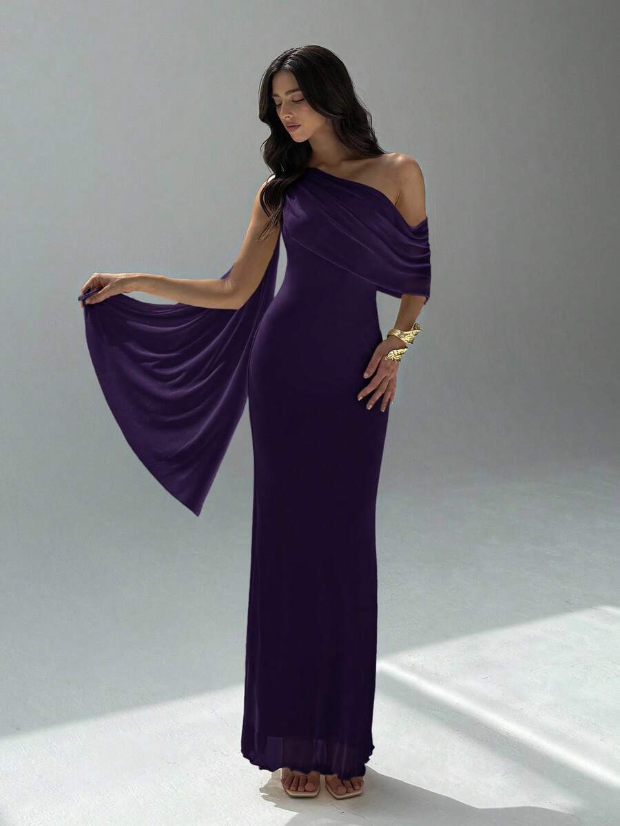 NOIREL - Asymmetric One Shoulder Bodycon Maxi Dress Purple