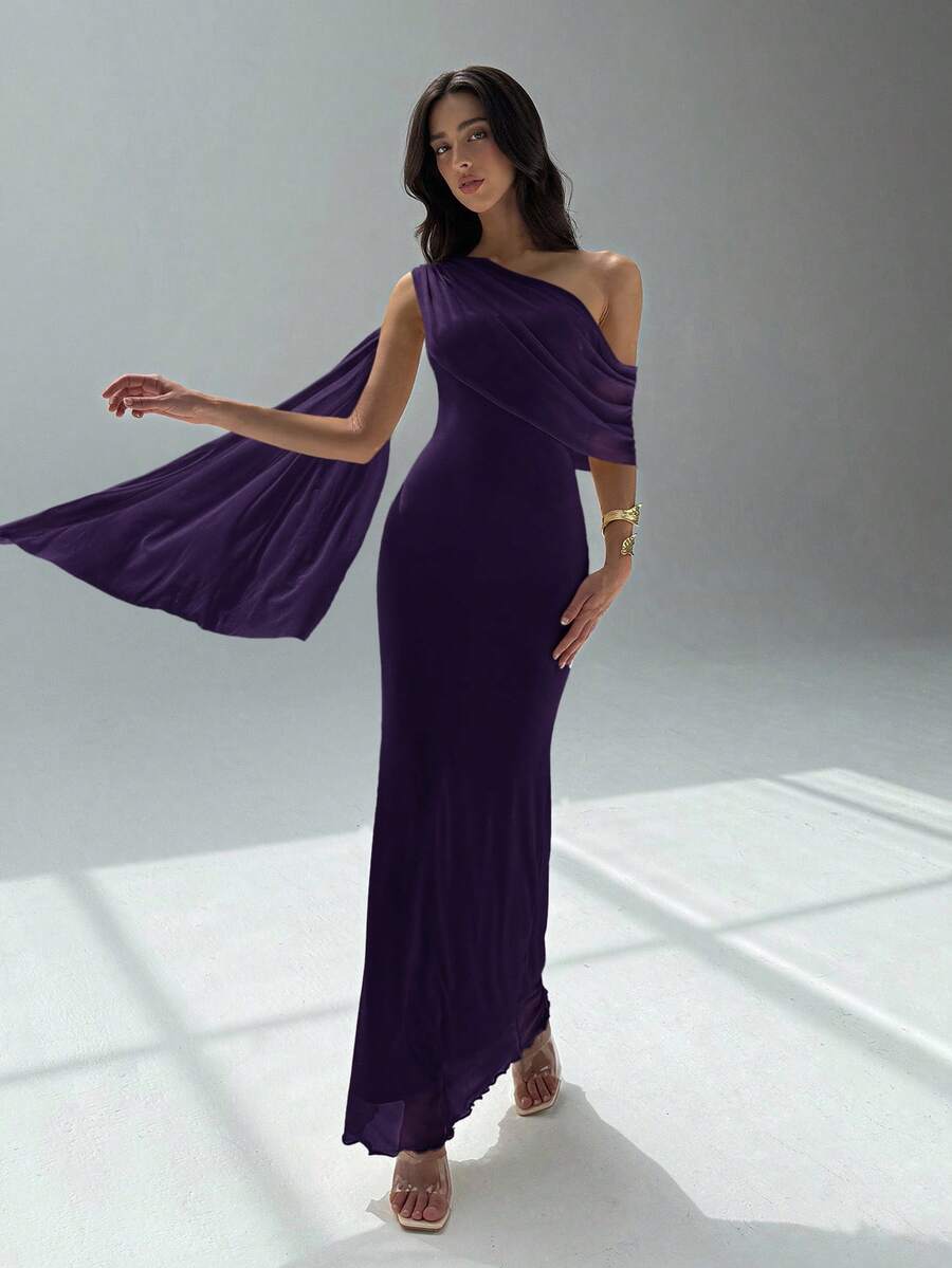 NOIREL - Asymmetric One Shoulder Bodycon Maxi Dress