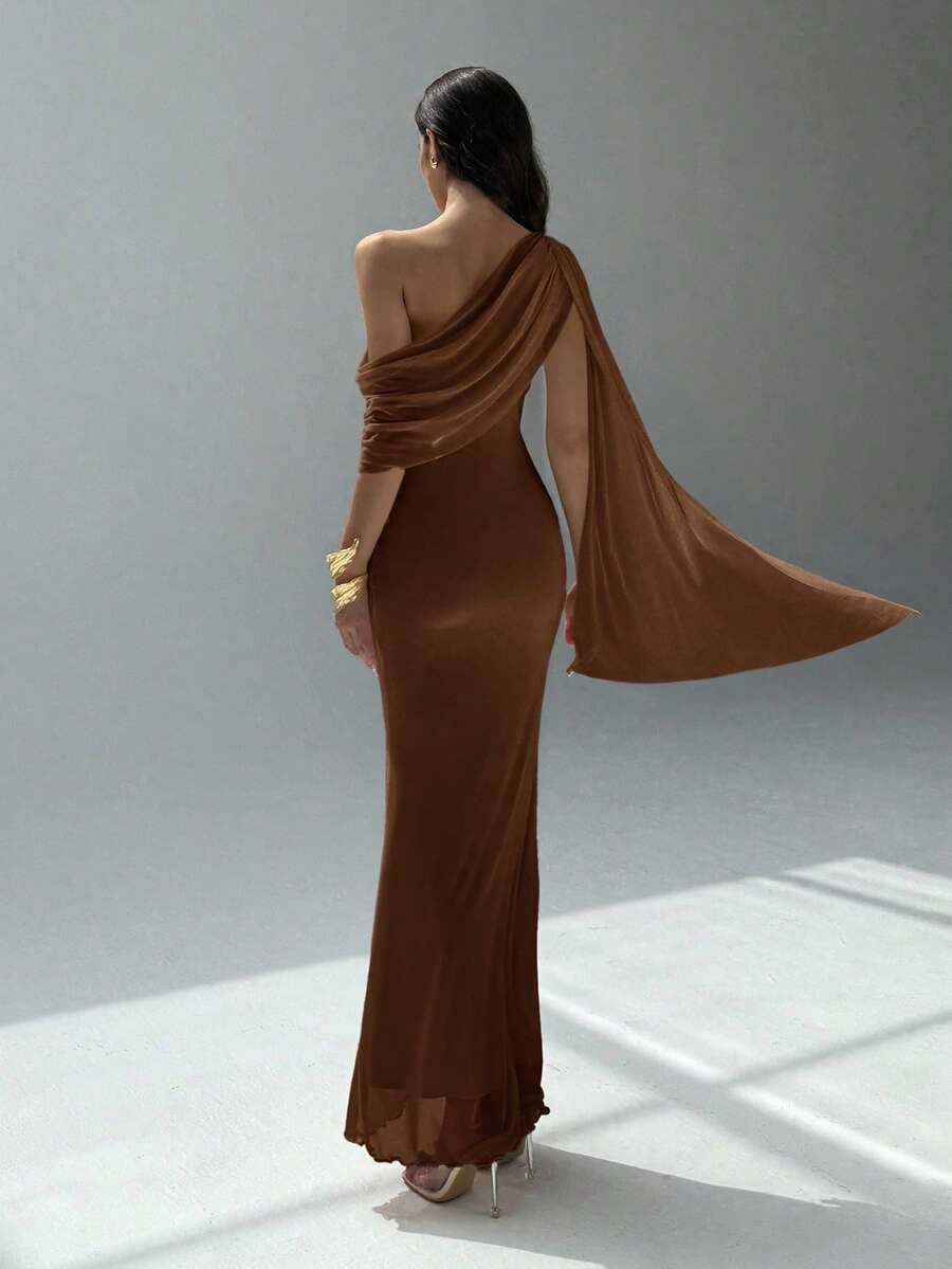 NOIREL - Asymmetric One Shoulder Bodycon Maxi Dress