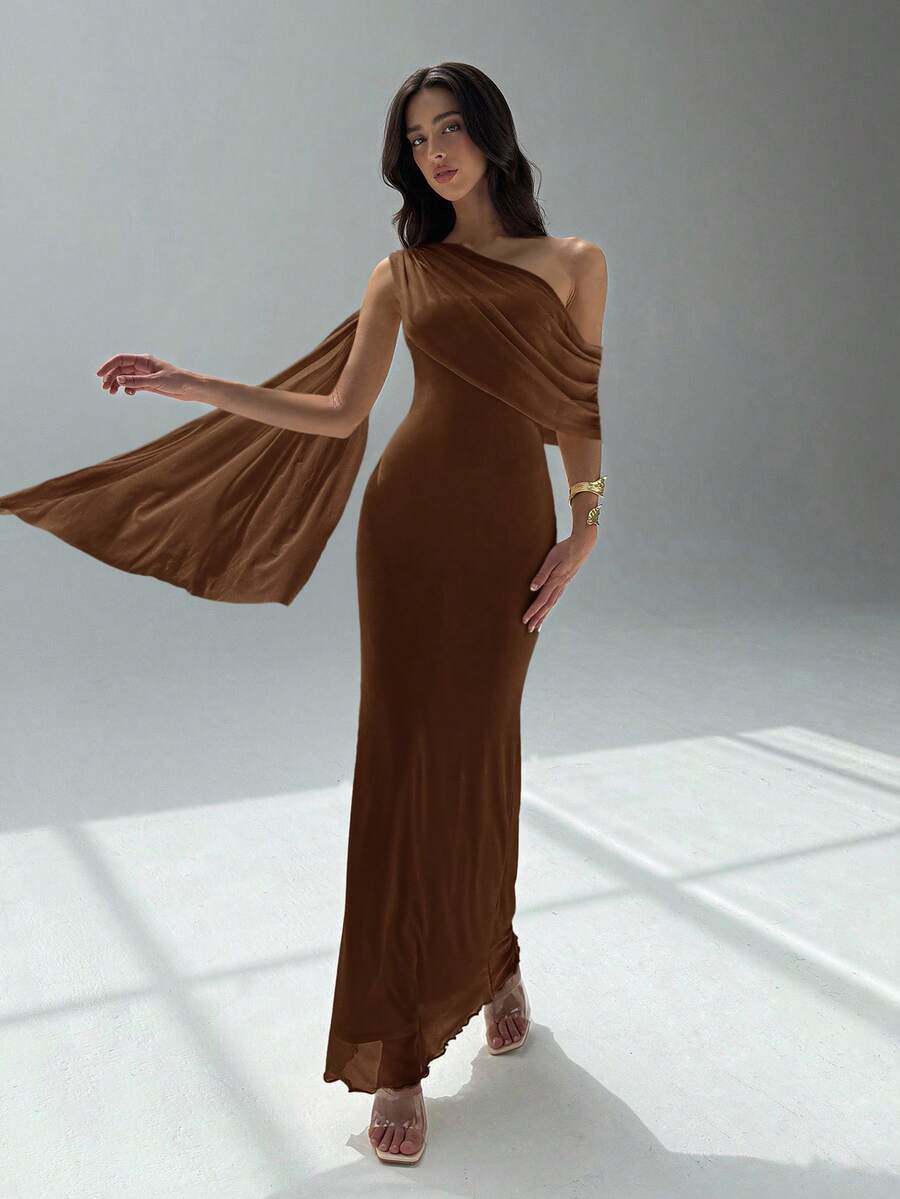 NOIREL - Asymmetric One Shoulder Bodycon Maxi Dress