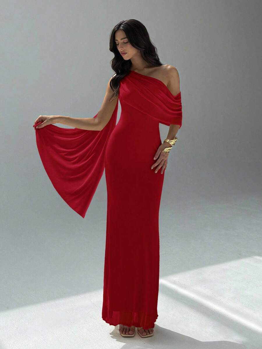 NOIREL - Asymmetric One Shoulder Bodycon Maxi Dress Red