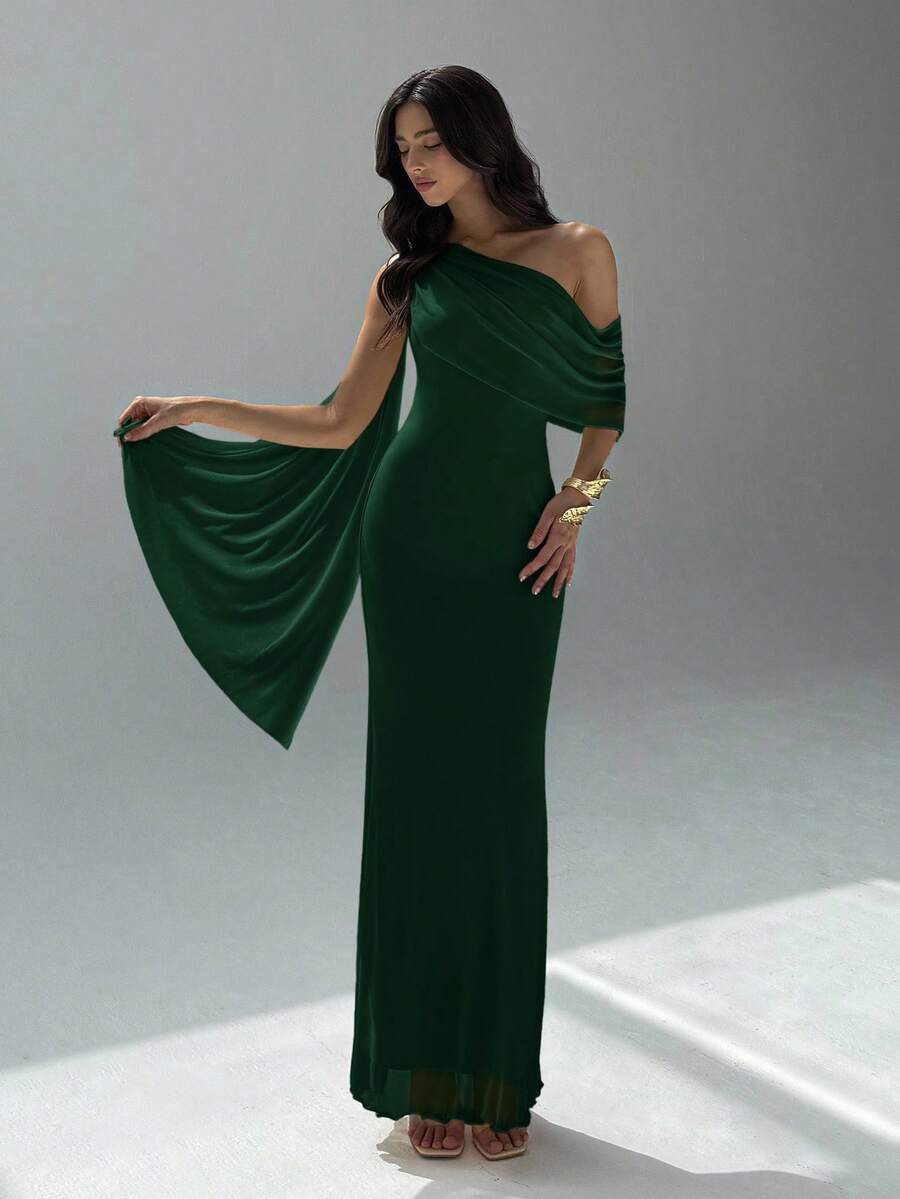 NOIREL - Asymmetric One Shoulder Bodycon Maxi Dress Dark Green